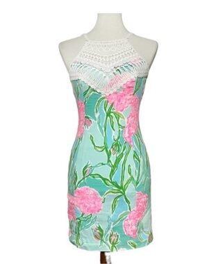 Lilly Pulitzer Mint Floral Crochet Halter Mini Dress with Pink Blooms